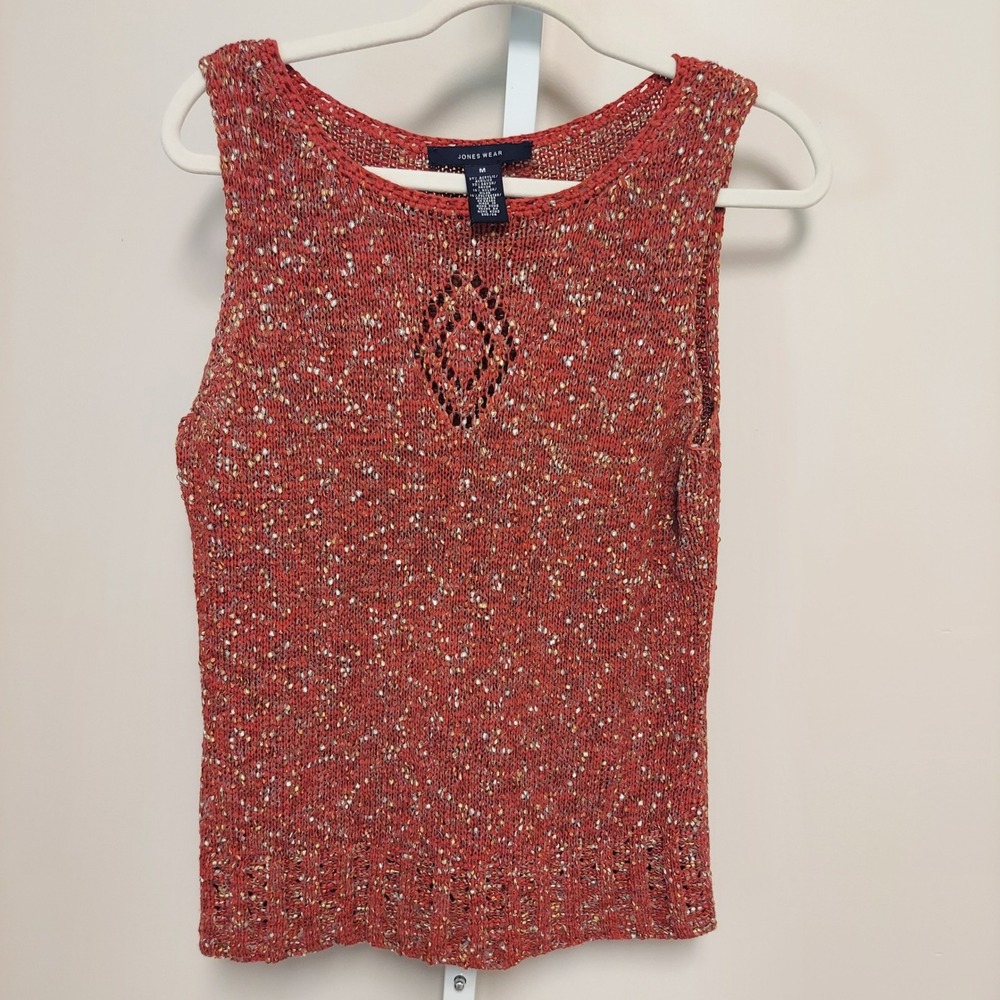 Jones Wear Women Rust Orange Confetti Knit Pointelle Tank Top Sweater M Bohemian